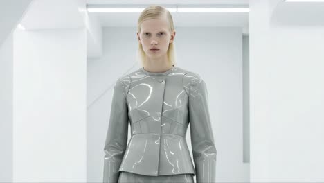 a model showcasing a contemporary fashion design in a sleek, minimalist environment, highlighting modern materials and innovative tailoring techniques