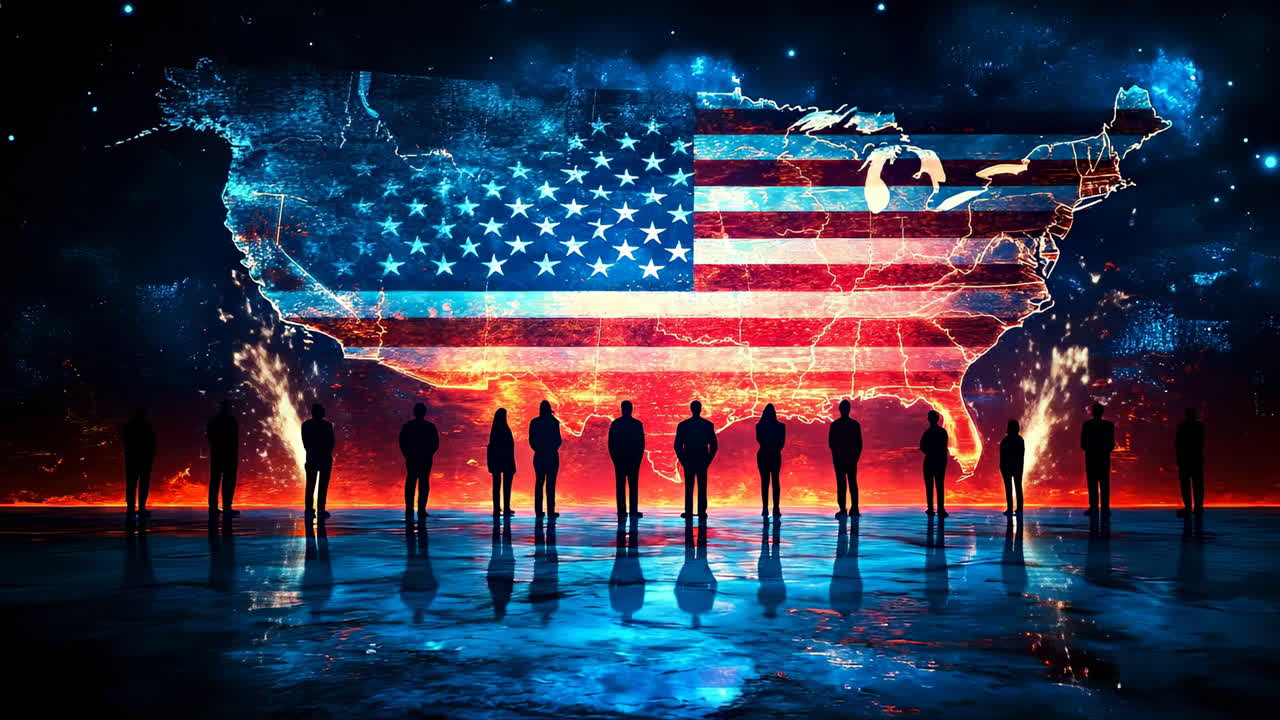 Shadows on the US flag. Silhouettes stand before a glowing, colorful USA map, crafting a vivid and striking scene