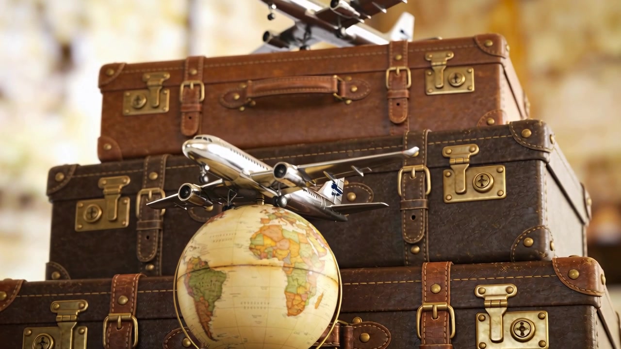 Caméra en bascule montrant un globe terrestre avec un avion argenté incliné, révélant une vignette de voyage sur des valises en cuir.