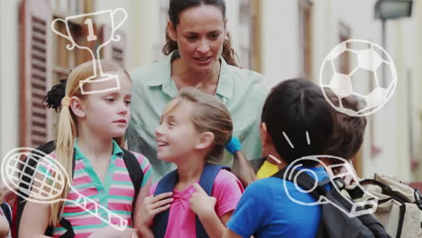 animación de íconos deportivos sobre diversos escolares y maestras