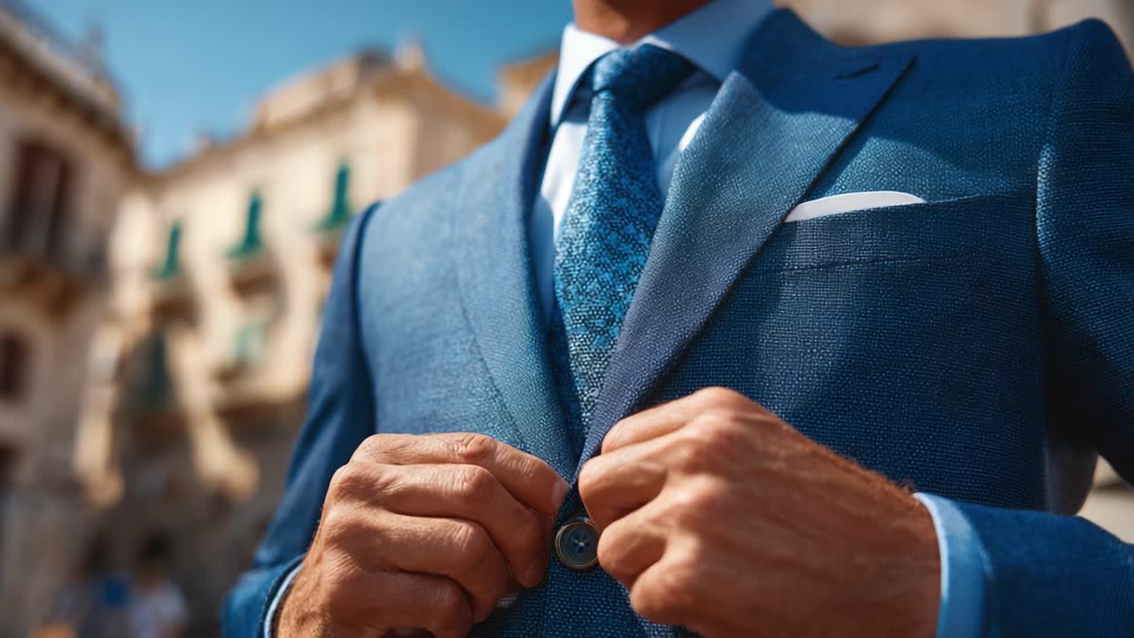 Um indivíduo elegante ajusta o seu terno e gravata em um ambiente sofisticado, incorporando elegância e atenção aos detalhes neste visual impecável.