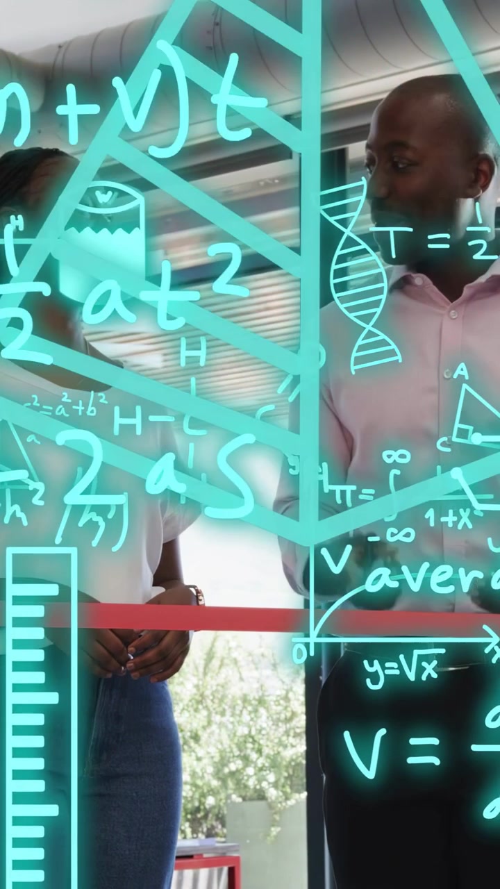 Vertical video: Hosts by red ribbon, man gesturing tool showing teal graphs and DNA for tech launch