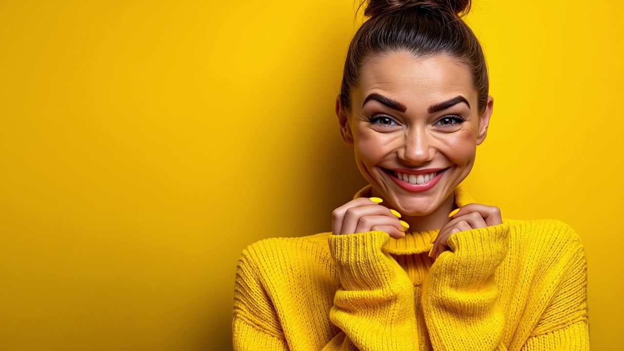 Donna sorpresa con un maglione giallo che si copre la bocca e poi sorride su uno sfondo giallo