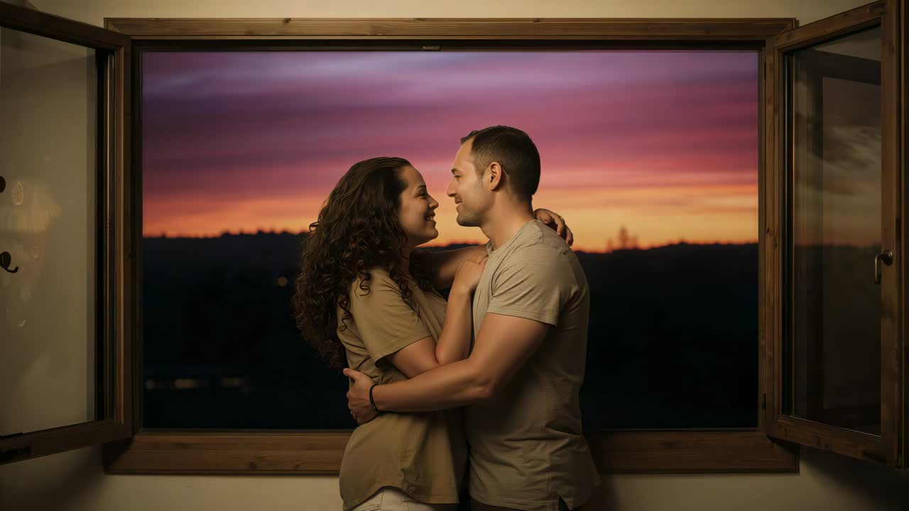 Holding eye contact, couple leaning, touching neck, kissing at window, expressing love, tan tops