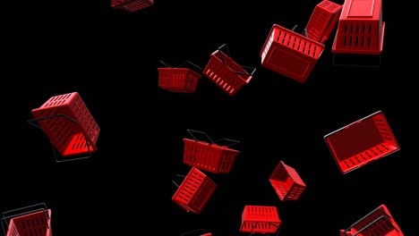 red plastic shopping baskets on black background.