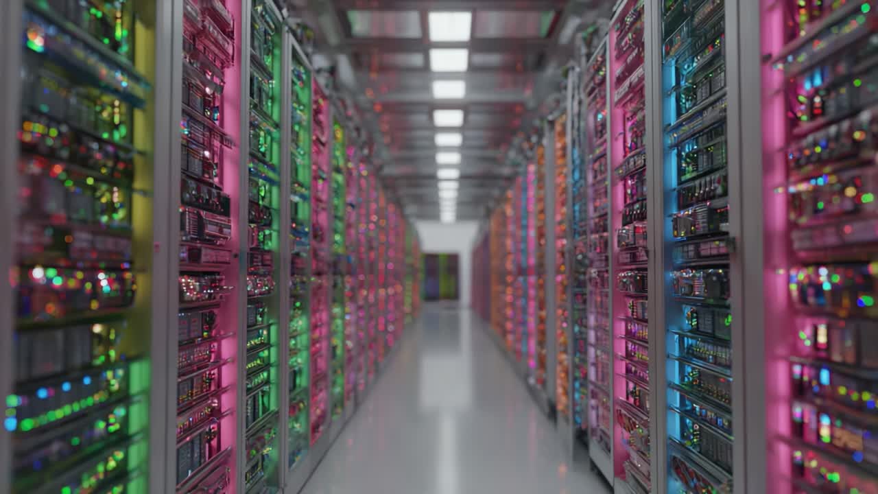 A Captivating View of a High-Tech Data Center with Vibrant Lighting, Showcasing Rows of Powerful Servers in a Colorful and Organized Environment