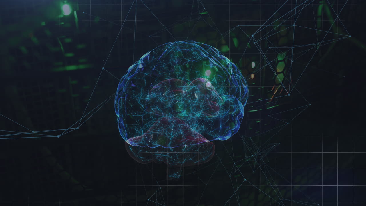 Animation of network of connections and human brain icon spinning against computer server