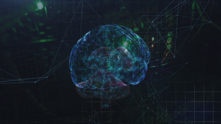 Animation of network of connections and human brain icon spinning against computer server