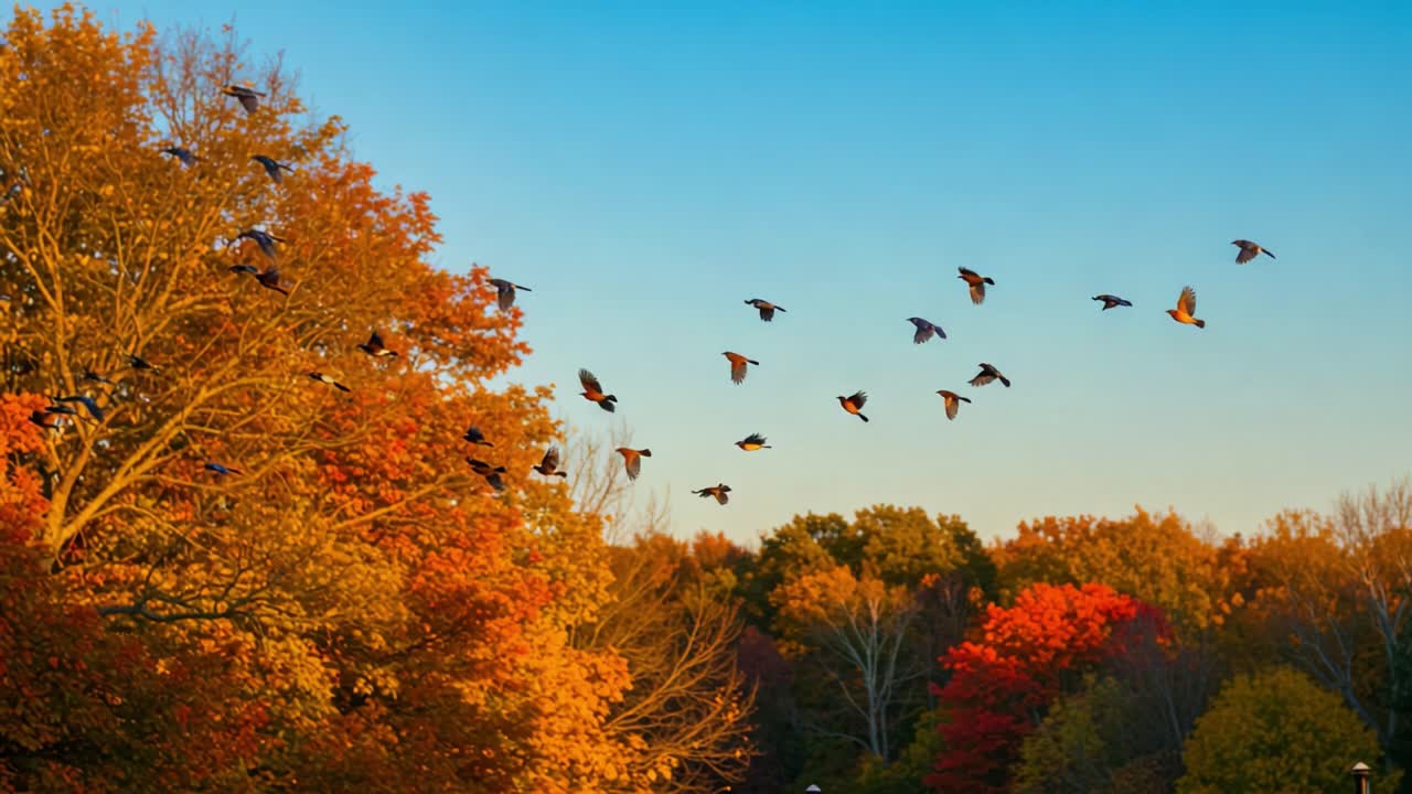 Autumn Trees and Birds Flying in a Blue Sky