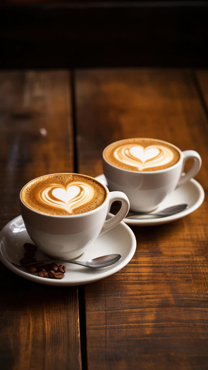 Two cups of latte art on wooden table, captured from a high-angle
