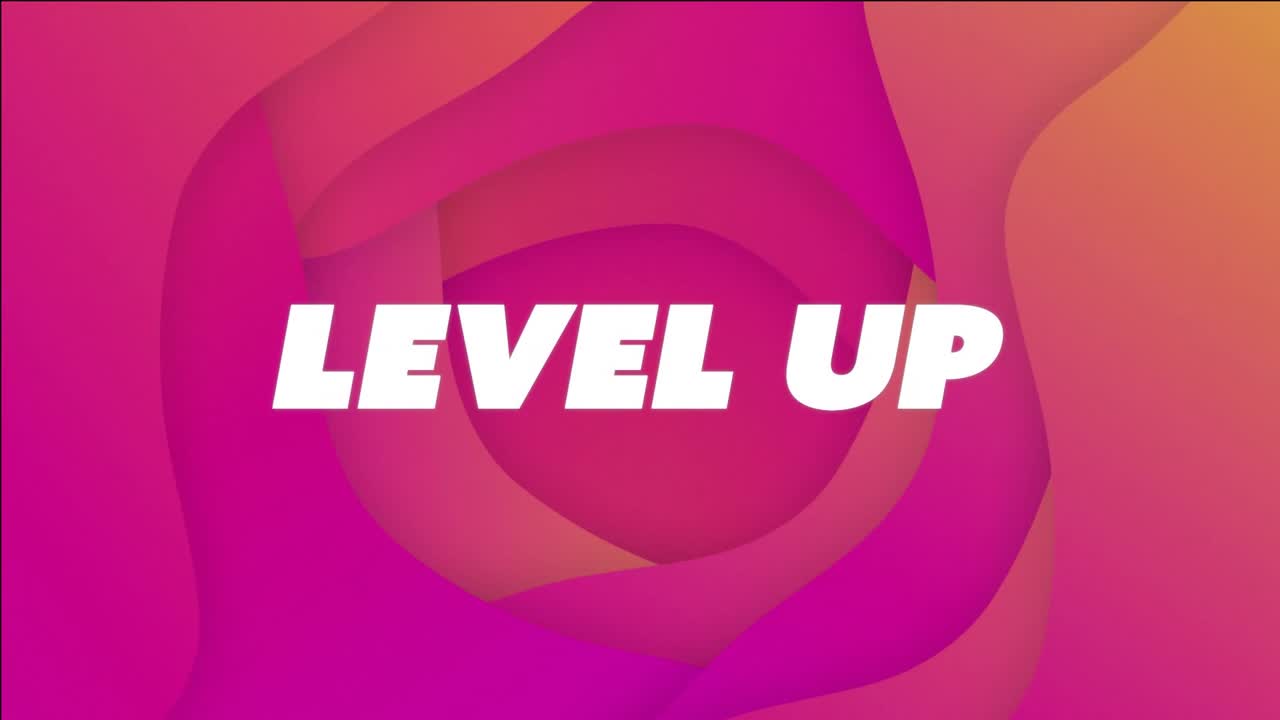Level up text animation over pink and orange abstract shapes