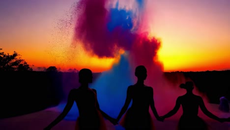 ballet dancers at sunset with colorful powder