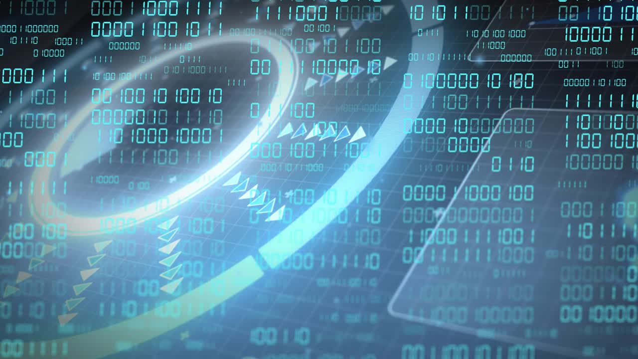 Brightening ring sending chevrons clockwise, arc sliding out, binary grid scrolling showing data