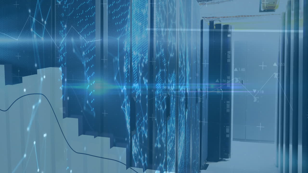 Animation of financial data processing over server room