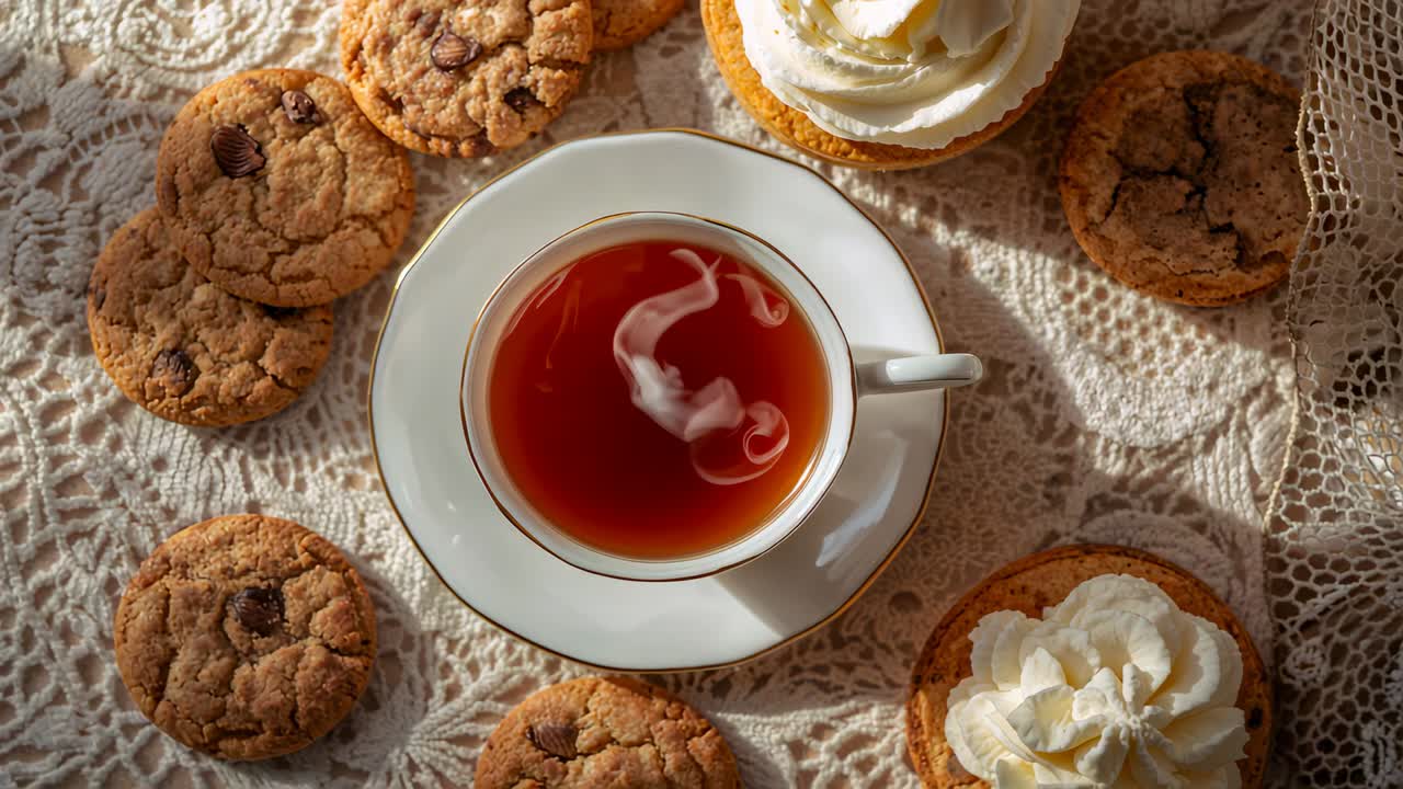 Drifting camera revealing china teacup centered on doily, sunlight exposing cookies and cupcakes