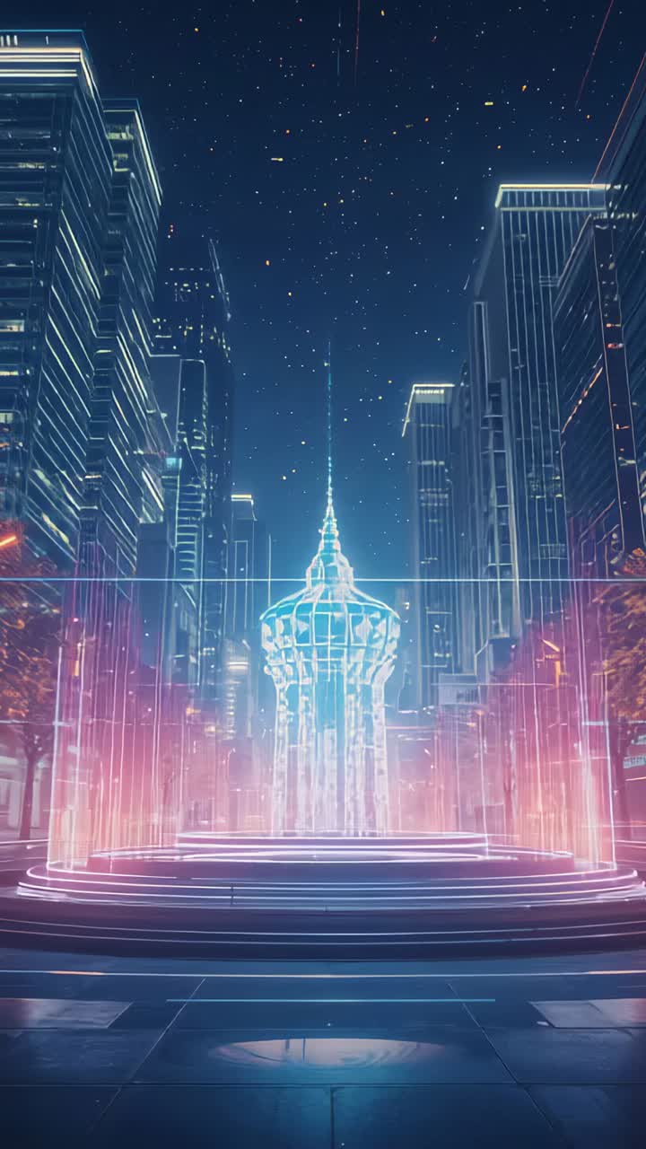 Vertical video: Holographic fountain summoning orange pillars into white spike in night plaza