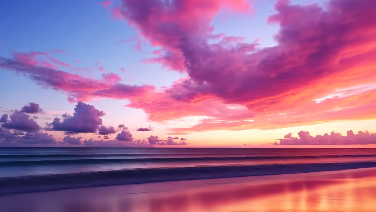 Un video sereno del tramonto cattura nuvole rosa e viola vivaci su un oceano calmo