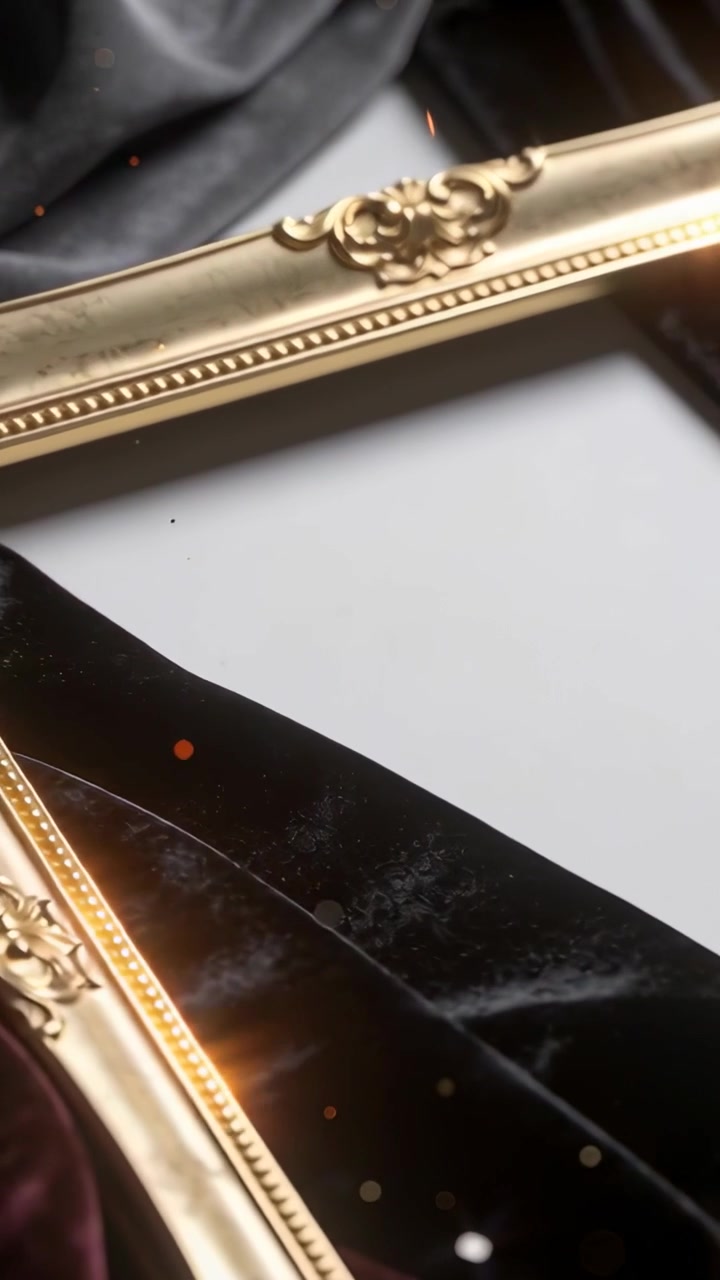 Video verticale: Telecamera in panning che rivela una cornice dorata ornata su velluto nero per catalogo prodotti