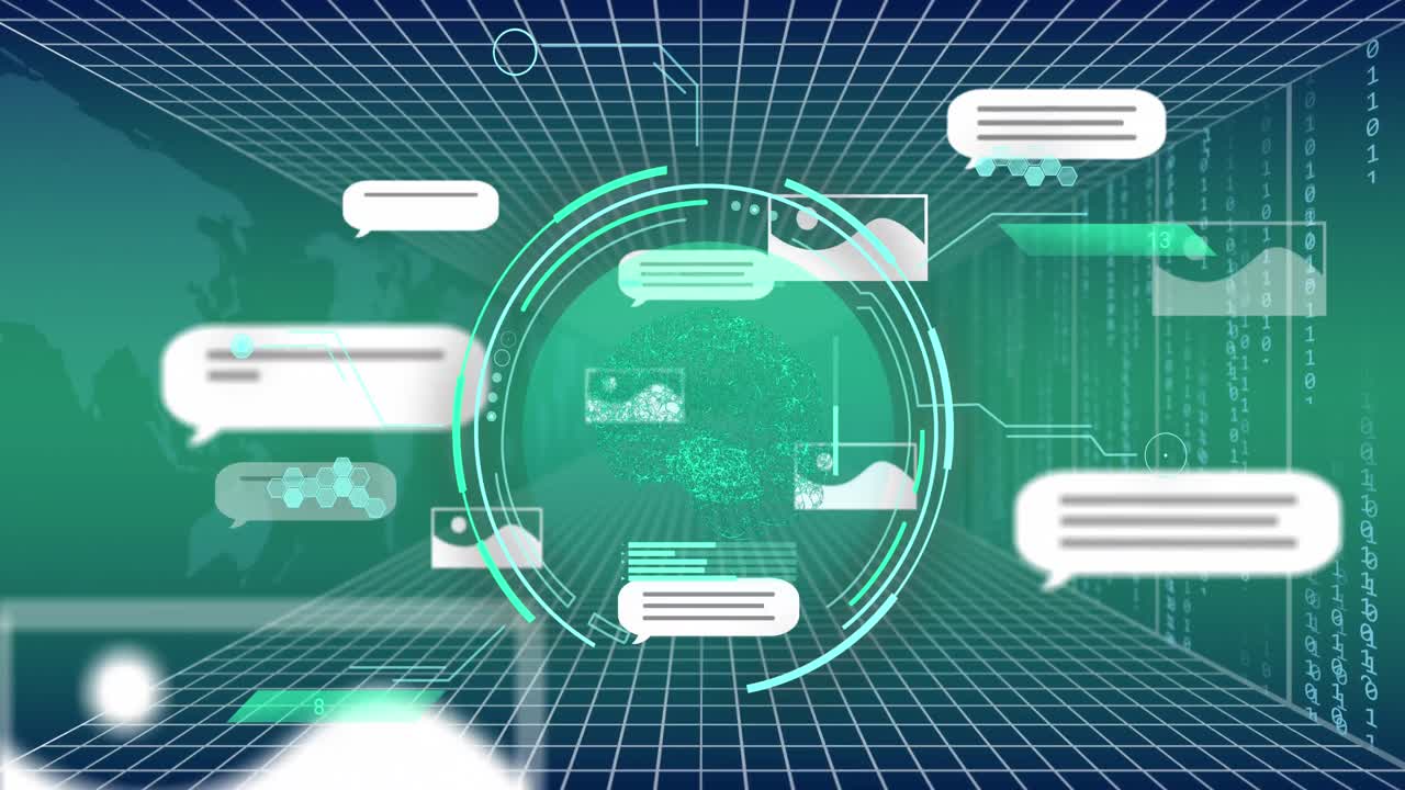 Animation of ai text and icon, data processing over scope