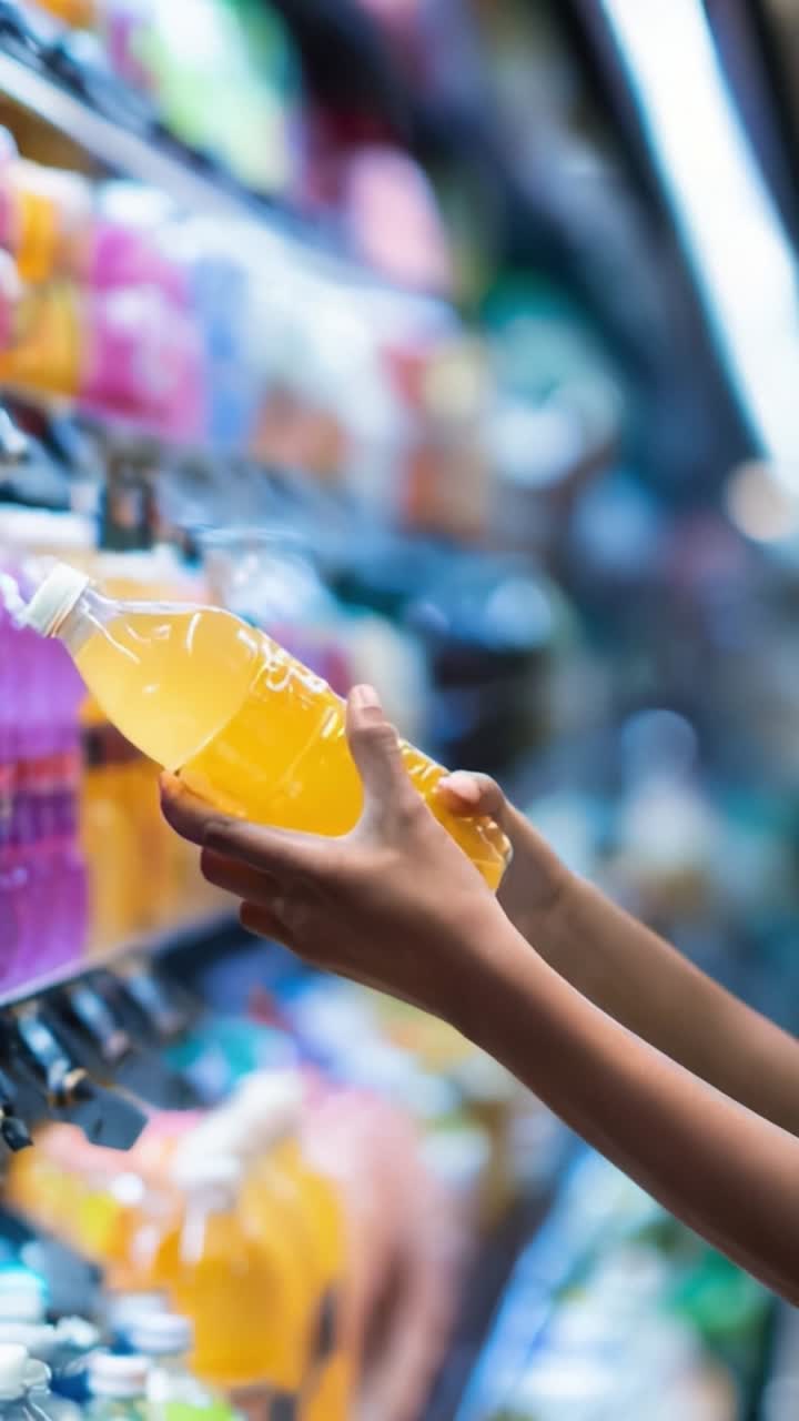 Person Holding a Bottle of Orange Beverage While Choosing from Diverse Drink Selection in a Vending Machine Environment with Colorful Containers