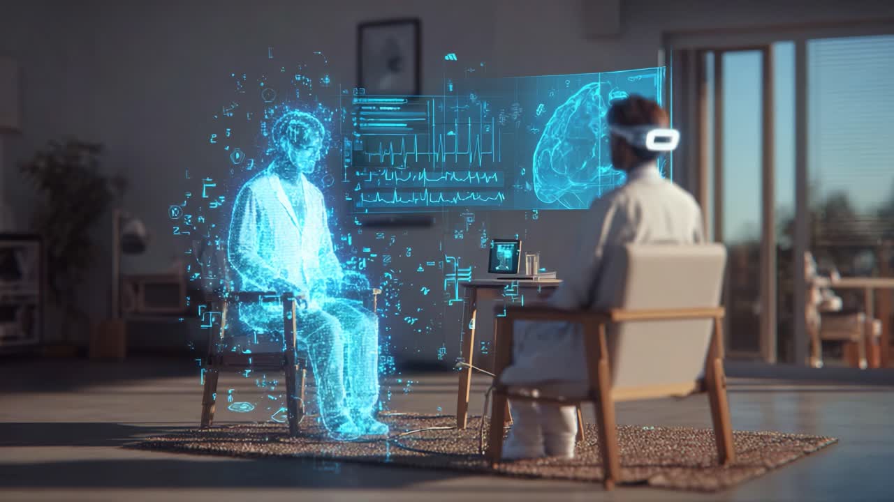 A futuristic representation of a doctor-patient interaction utilizing holographic technology, showcasing a virtual consultation with digital health analytics displayed in a modern environment