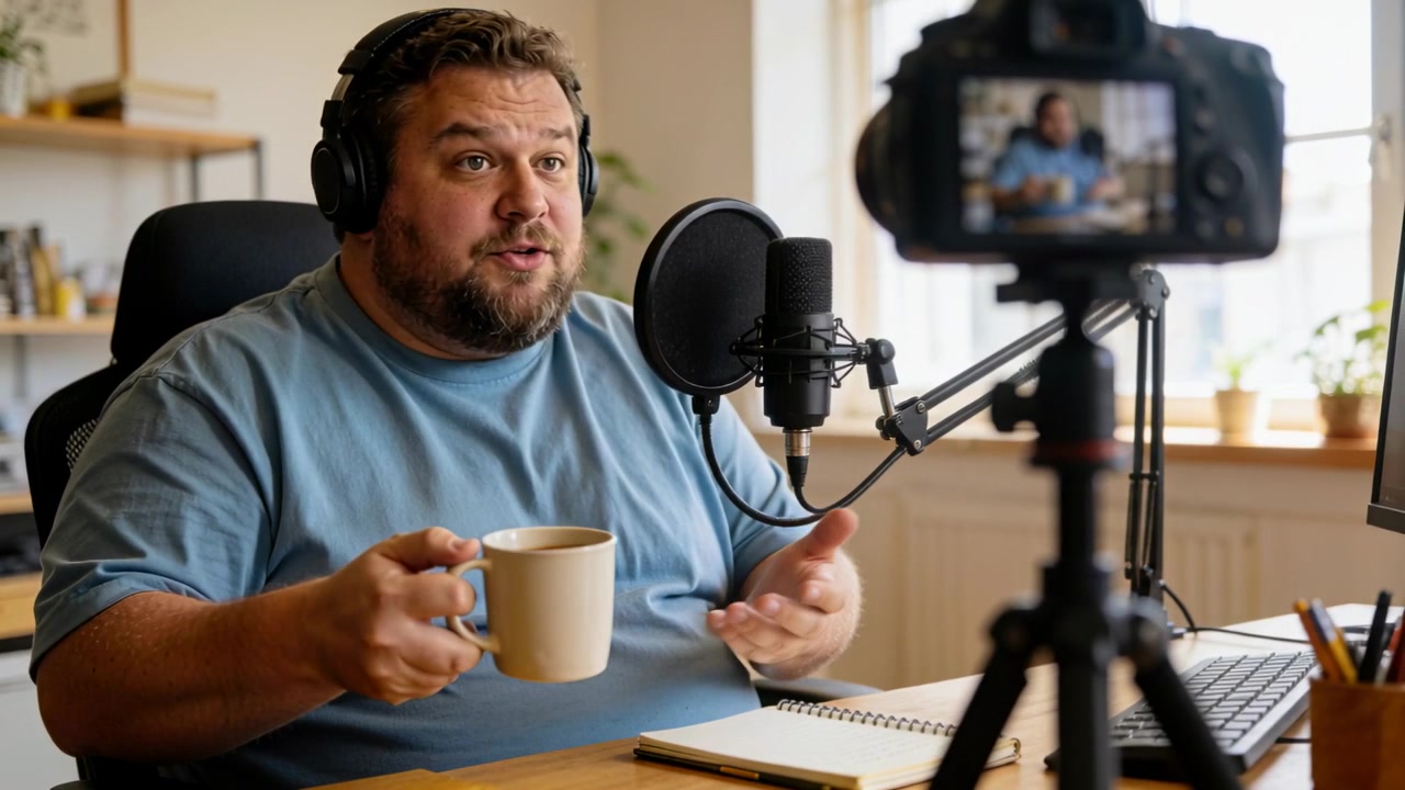 Registrazione, conduttore di podcast con maglietta blu e cuffie che parla al microfono nel suo studio di casa, tenendo in mano una tazza.