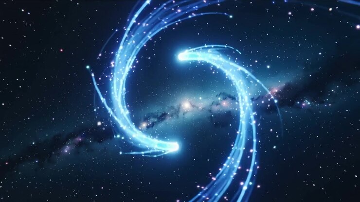 Attrazione magnetica che attira due teste di cometa blu, le quali tracciano archi attorno a una fascia galattica, sprigionando scintille.