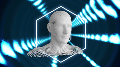 moving human bust in glowing blue tunnel
