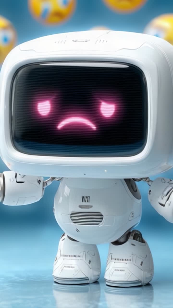 Un robot futuristico con un'espressione triste, mostrando il suo volto LED espressivo e il design avanzato, contro uno sfondo blu vibrante pieno di emoticon.