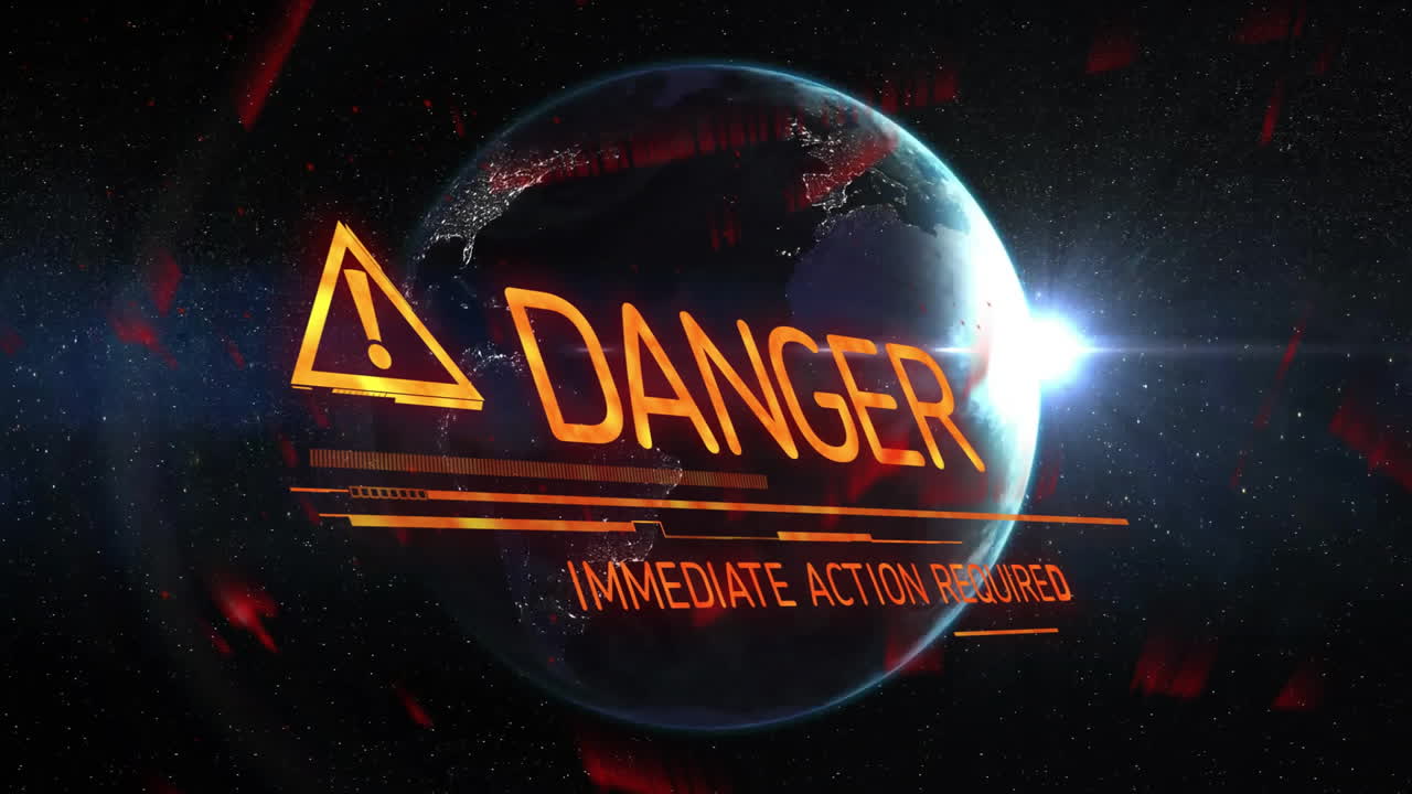Animation of Earth in space, urgent action text overlay highlighting danger