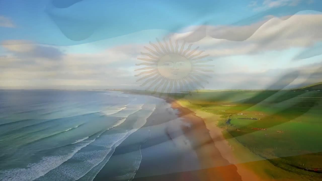 animación de la bandera de argentina ondeando sobre el paisaje de la playa