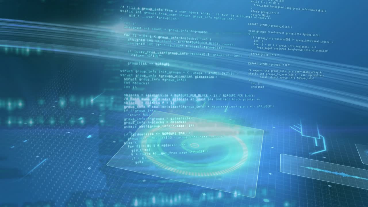 Cyan glow starting holo panel, ring HUD emerging, pulsing, code falling, view tilting, showing data