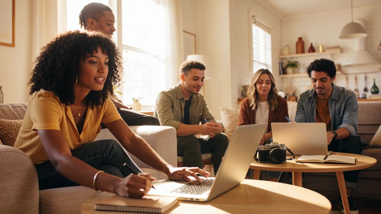 After man gesturing, woman wearing yellow top opening laptop, typing in living room for project
