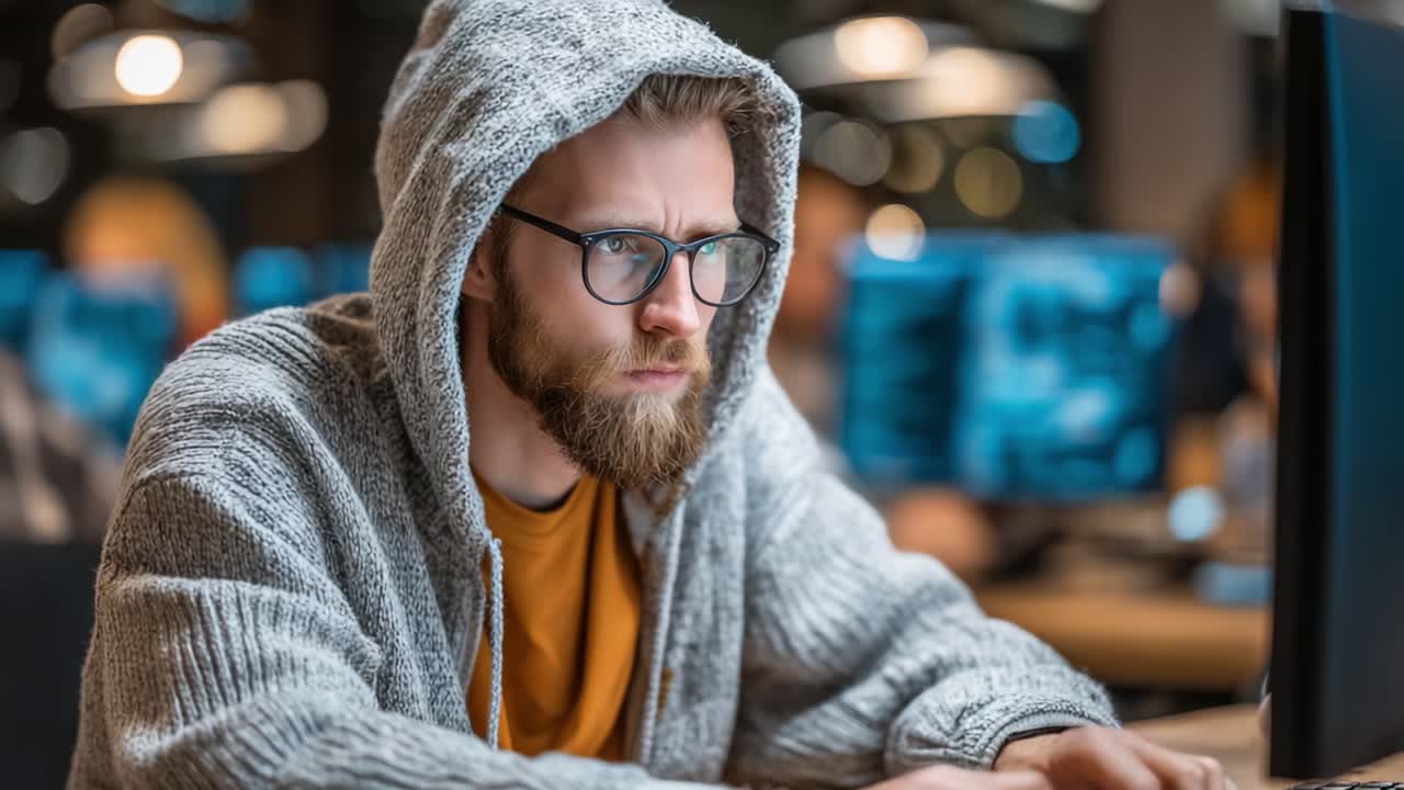 Focused Young Man in a Gray Hoodie Engaged in Deep Work, Typing on a Computer in a Modern Workspace with Blurred Background Screens