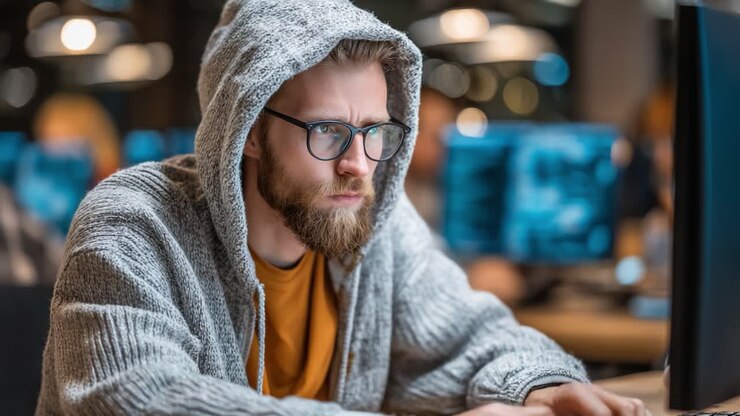 Focused Young Man in a Gray Hoodie Engaged in Deep Work, Typing on a Computer in a Modern Workspace with Blurred Background Screens