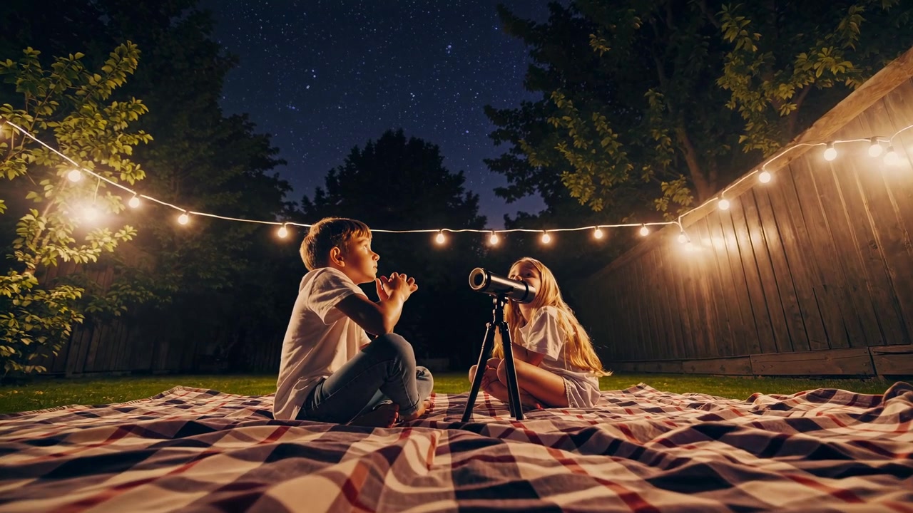 Children Looking at Stars Through Telescope in Backyard at Night