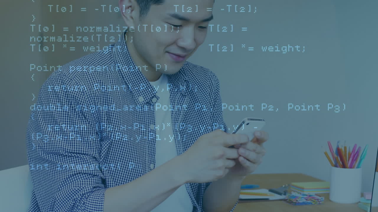 스마트폰을 사용하는 아시아 사업가에 대한 데이터 처리의 애니메이션