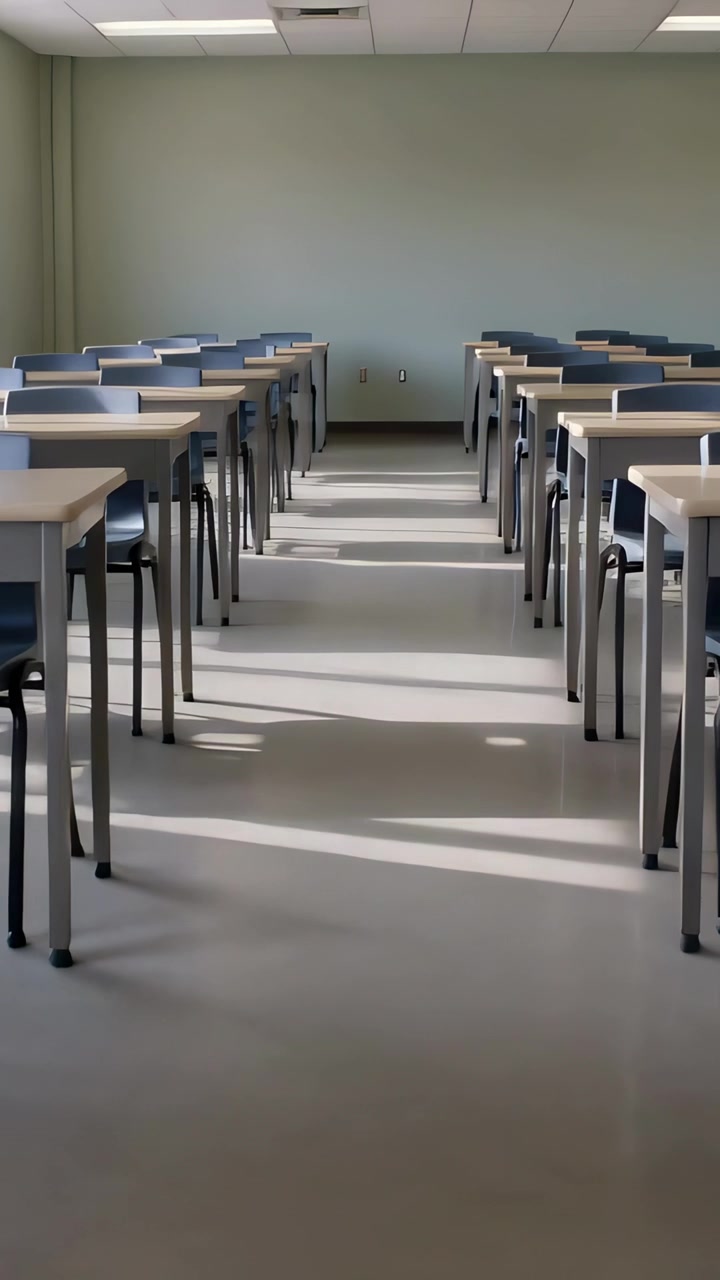Video verticale: La telecamera si allontana per rivelare file di banchi scolastici con corridoio centrale e sedie blu