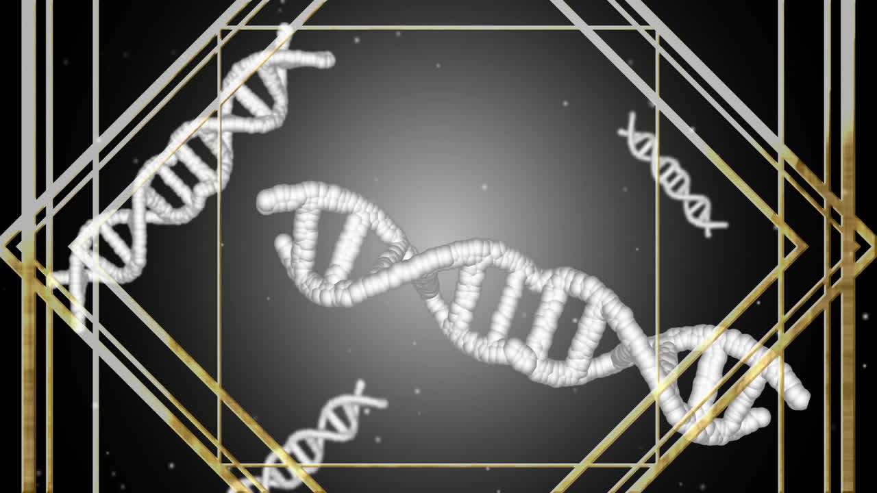 Animation of glowing DNA strands with geometric patterns on dark background