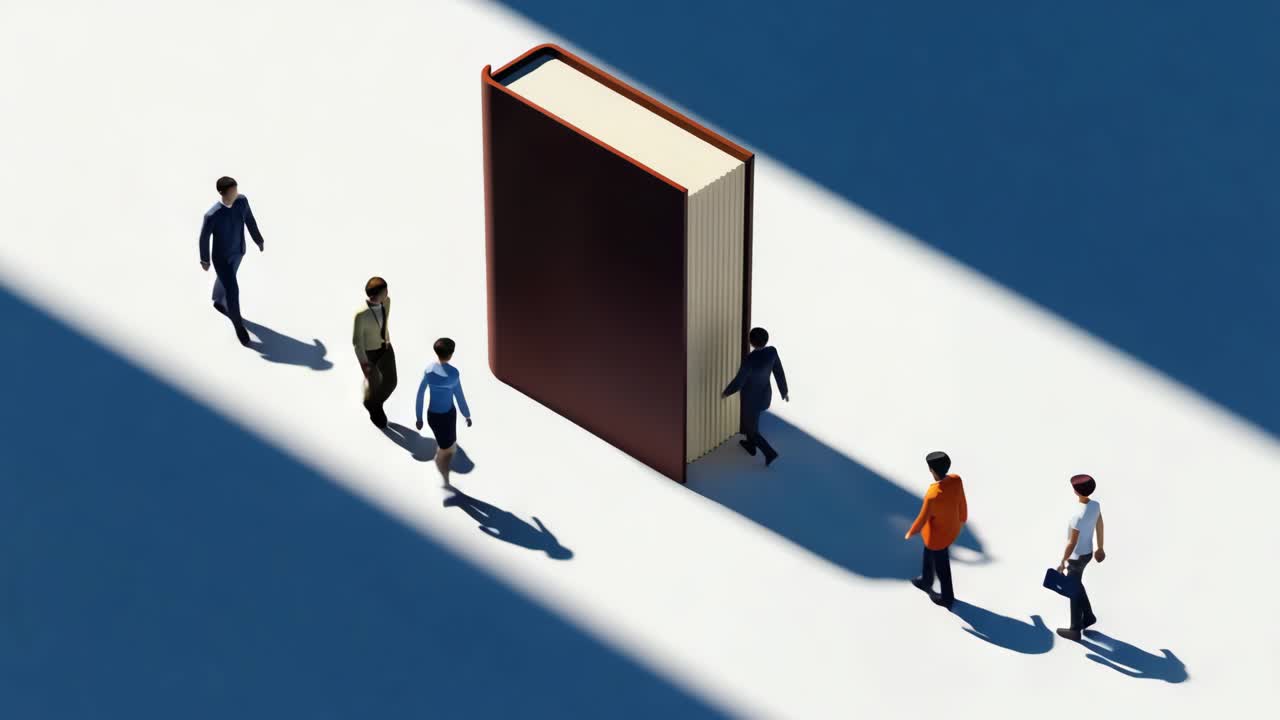 People walking through a giant book representing a gateway to knowledge