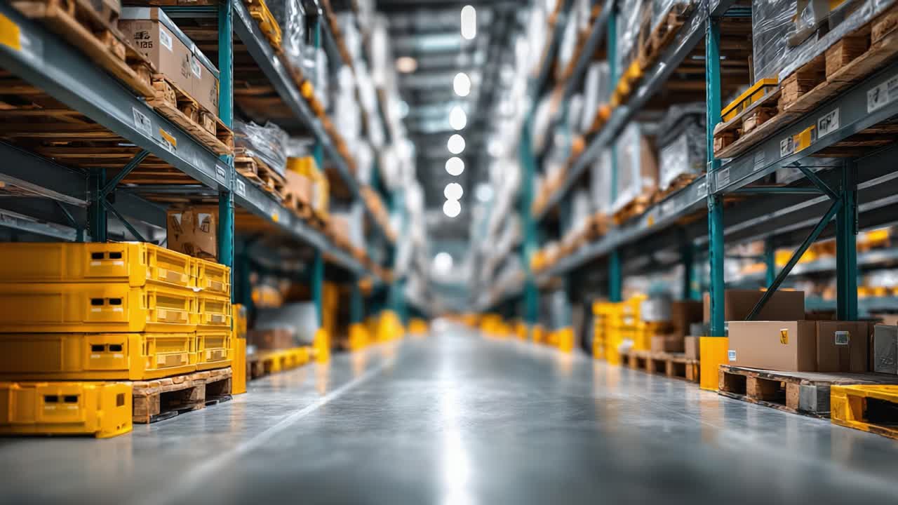 A Well-Organized Warehouse Interior Featuring Neatly Stacked Boxes and Yellow Crates on Pallets, Illuminated by Soft Lighting in a Spacious Aisle