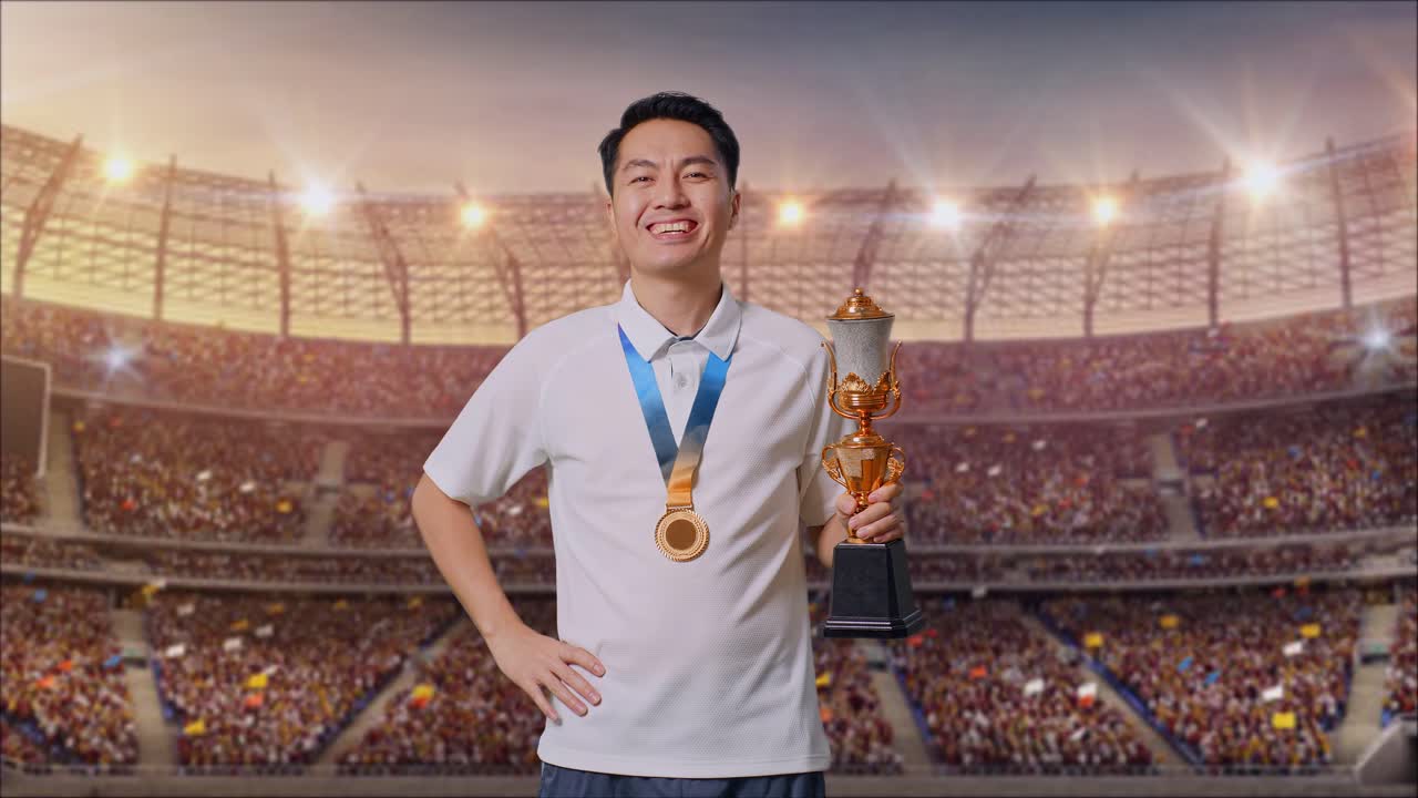 경기장에서 트로피를 들고 있는 행복한 우승자
