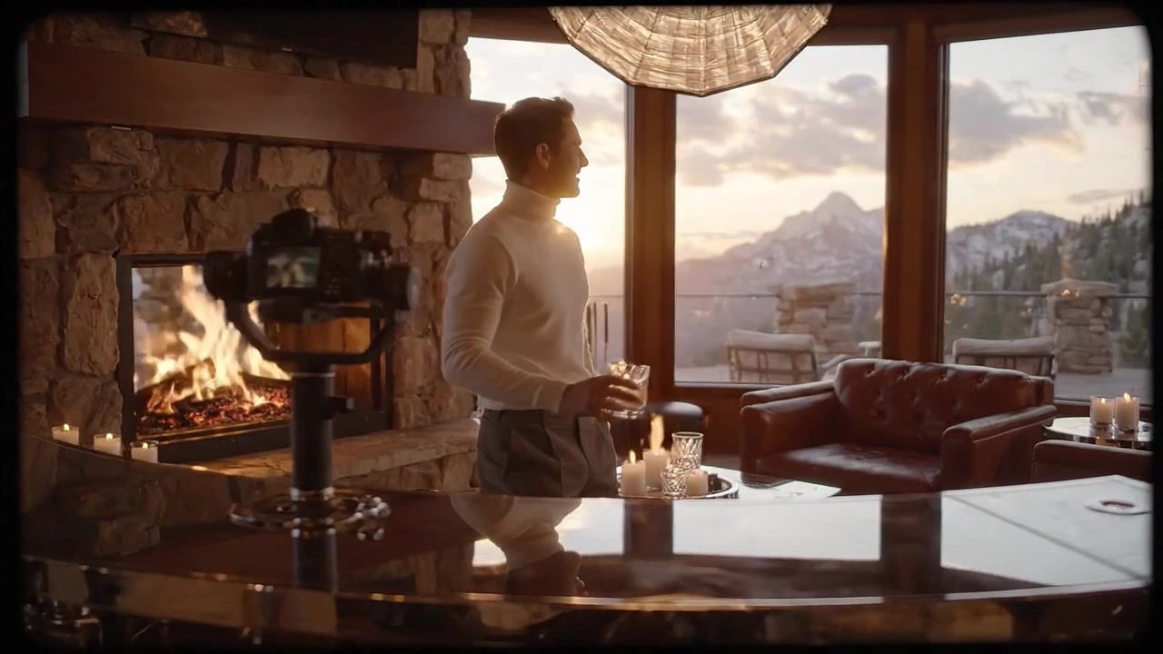 Un Uomo Elegante su uno Sfondo Panoramico, Ritrattato in un Soggiorno Accogliente ed Elegante con un Caminetto e Viste Mozzafiato sulle Montagne all'Ora d'Oro.