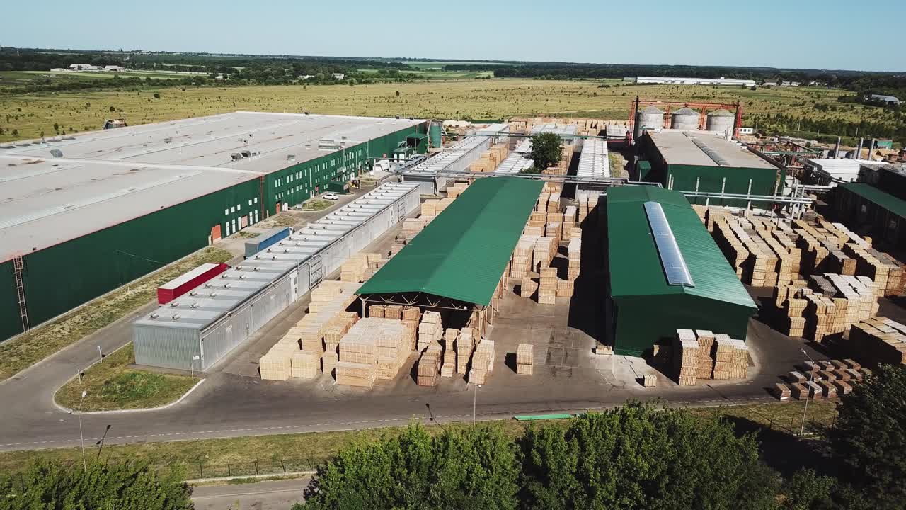 Aerial view of a large wood processing factory. Industrial complex