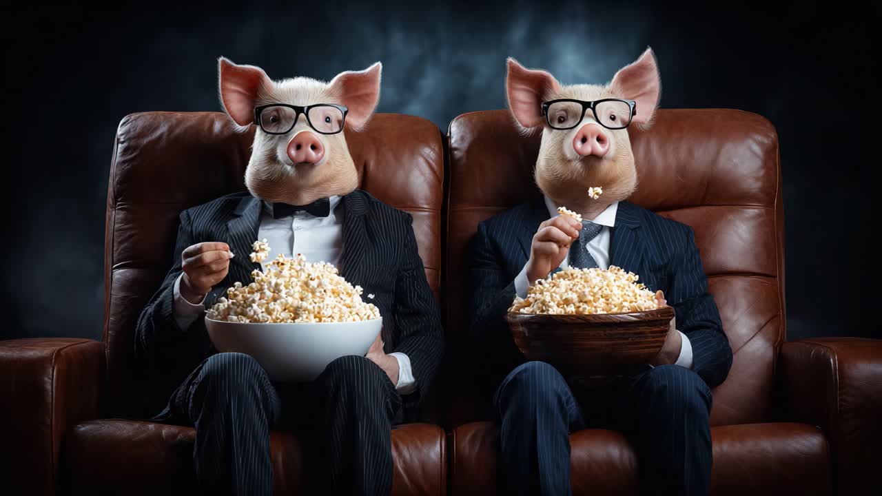 Two Dapper Swine Enjoying Popcorn While Seated Comically on a Luxurious Couch, Emphasizing a Playful Contrast Between Human Habits and Animal Characteristics