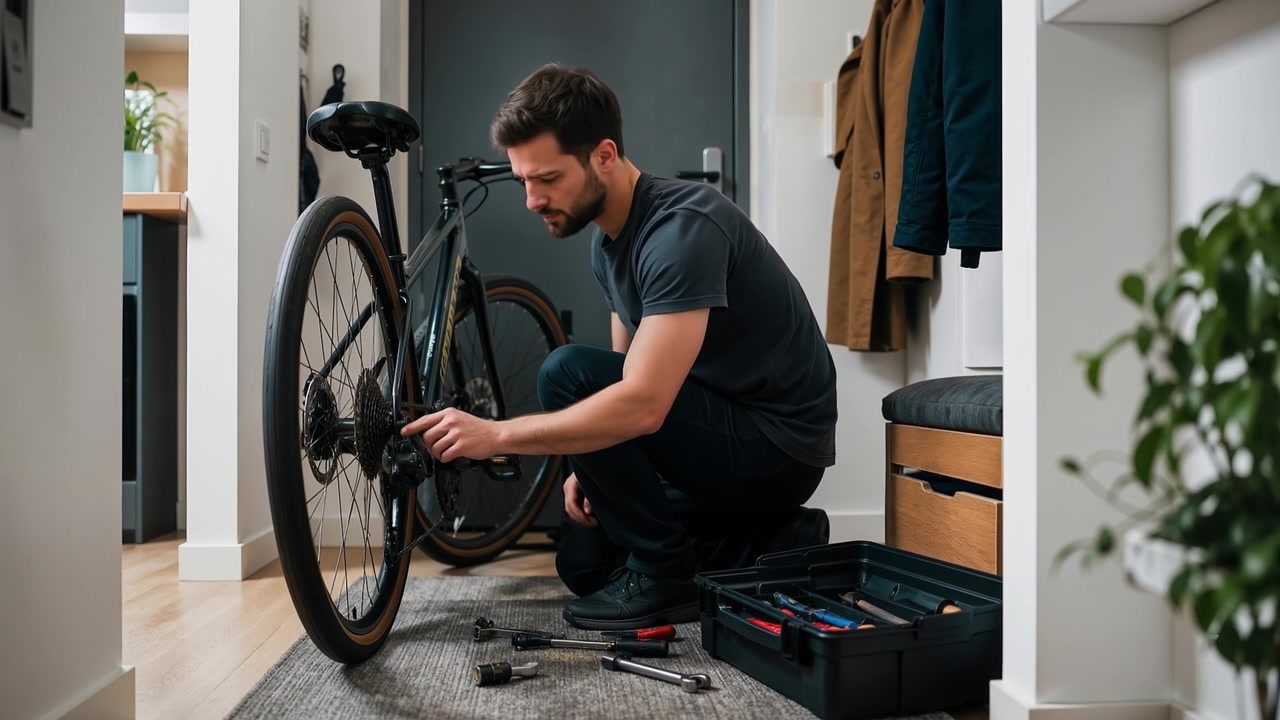 Young man repairing and adjusting a bicycle chain in his apartment hallway with tools