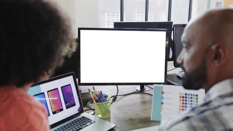 african american business people on video call with blank screen