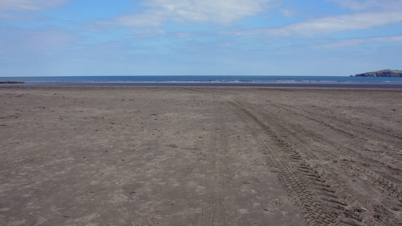 Extra wide panning shot of an empty beach at low tide at Poppit Sands Beach, Teifi Estuary,