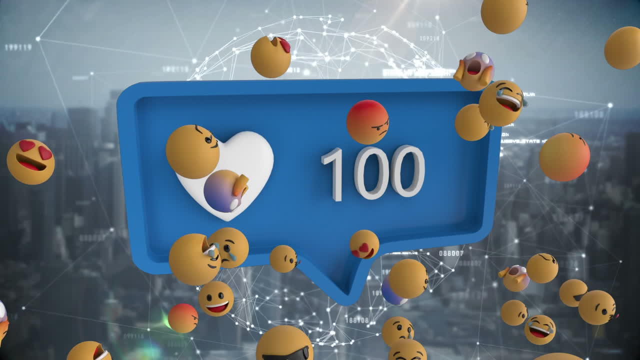 푸른 음성 거품과 도시 풍경 위를 날아다니는 이모지 아이콘