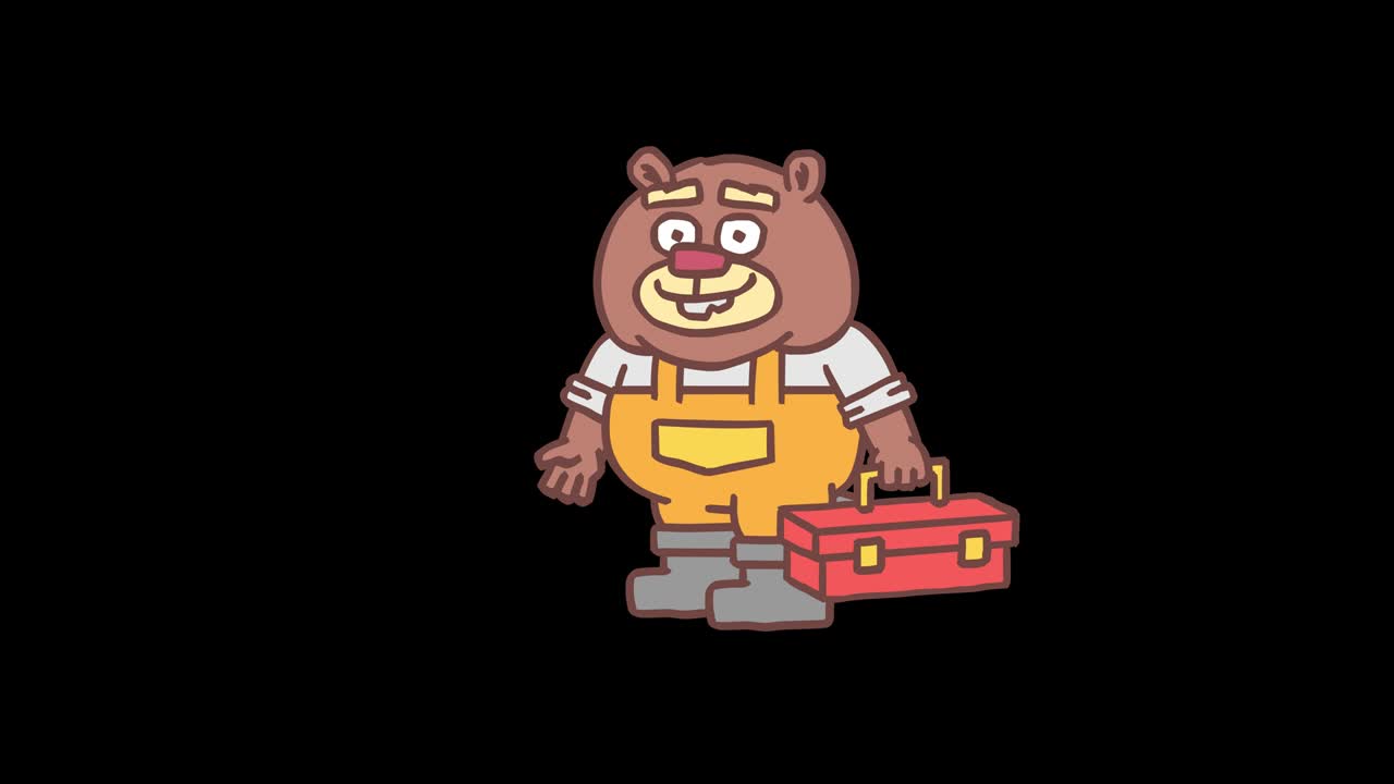 Builder beaver holding tool case and shows thumbs up. Frame by frame animation. Alpha channel